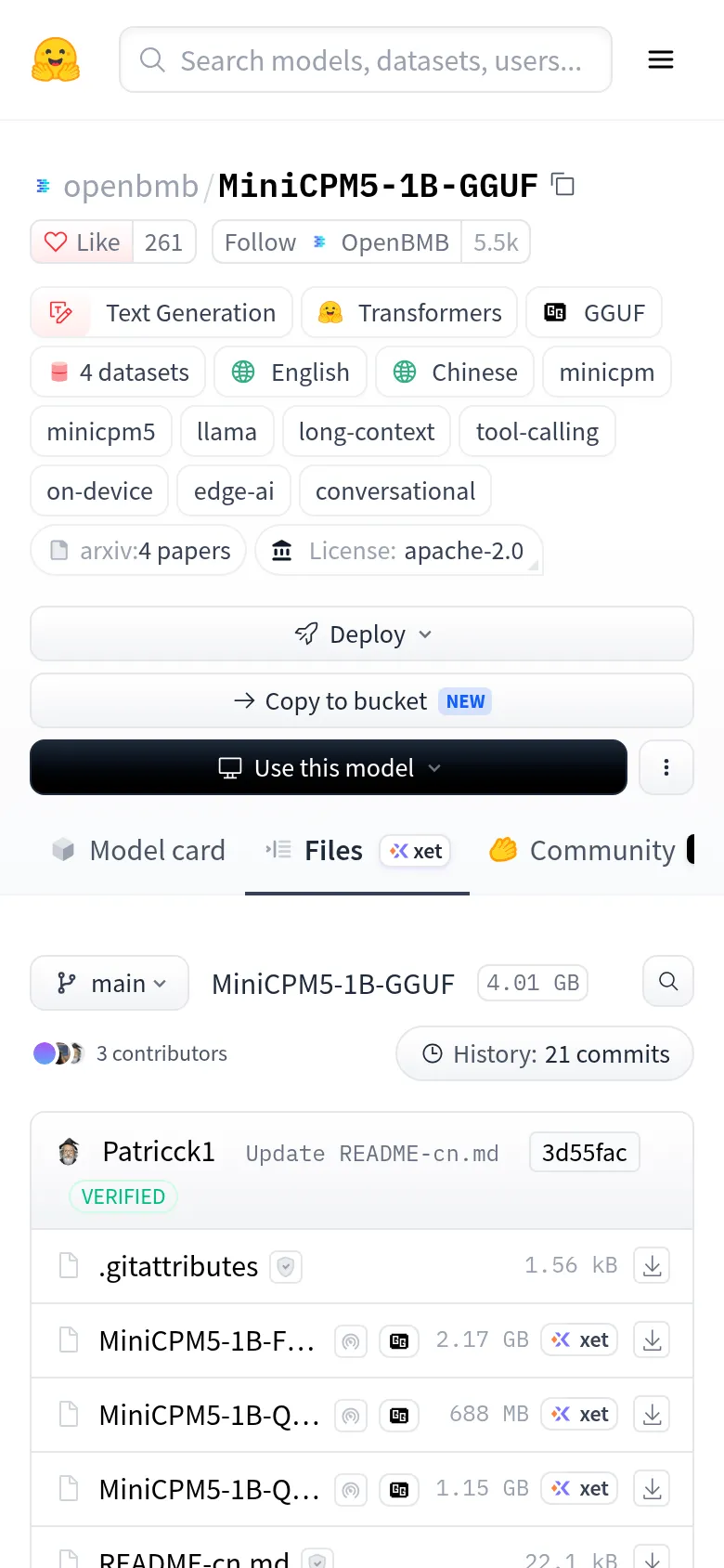 openbmb/MiniCPM5-1B-GGUF 리포의 파일 목록 — Q4 양자화 688MB, Q8 1.15GB, F16 2.17GB 크기가 보인다