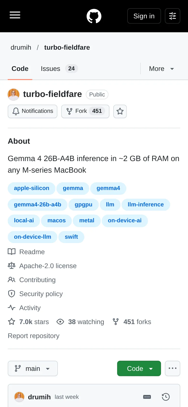 TurboFieldfare GitHub 리포 — 8GB M계열 맥북 대응, 별 7천, Apache 2.0