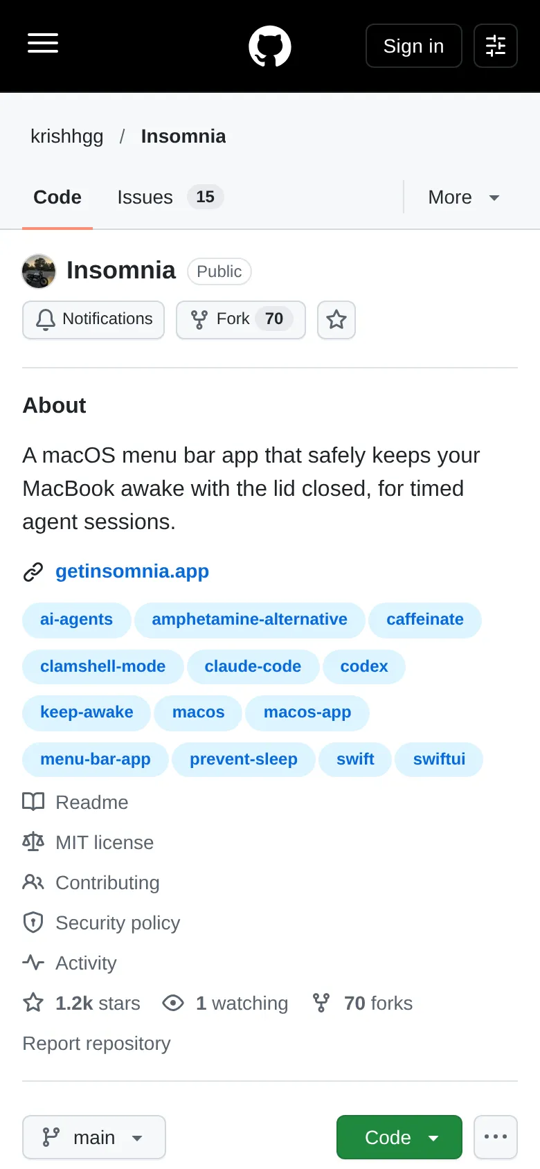 Insomnia의 GitHub 리포 화면 — ‘덮개가 닫혀도 맥북을 안전하게 깨어 있게 하는 macOS 메뉴바 앱’ 소개와 1,200개 넘는 스타