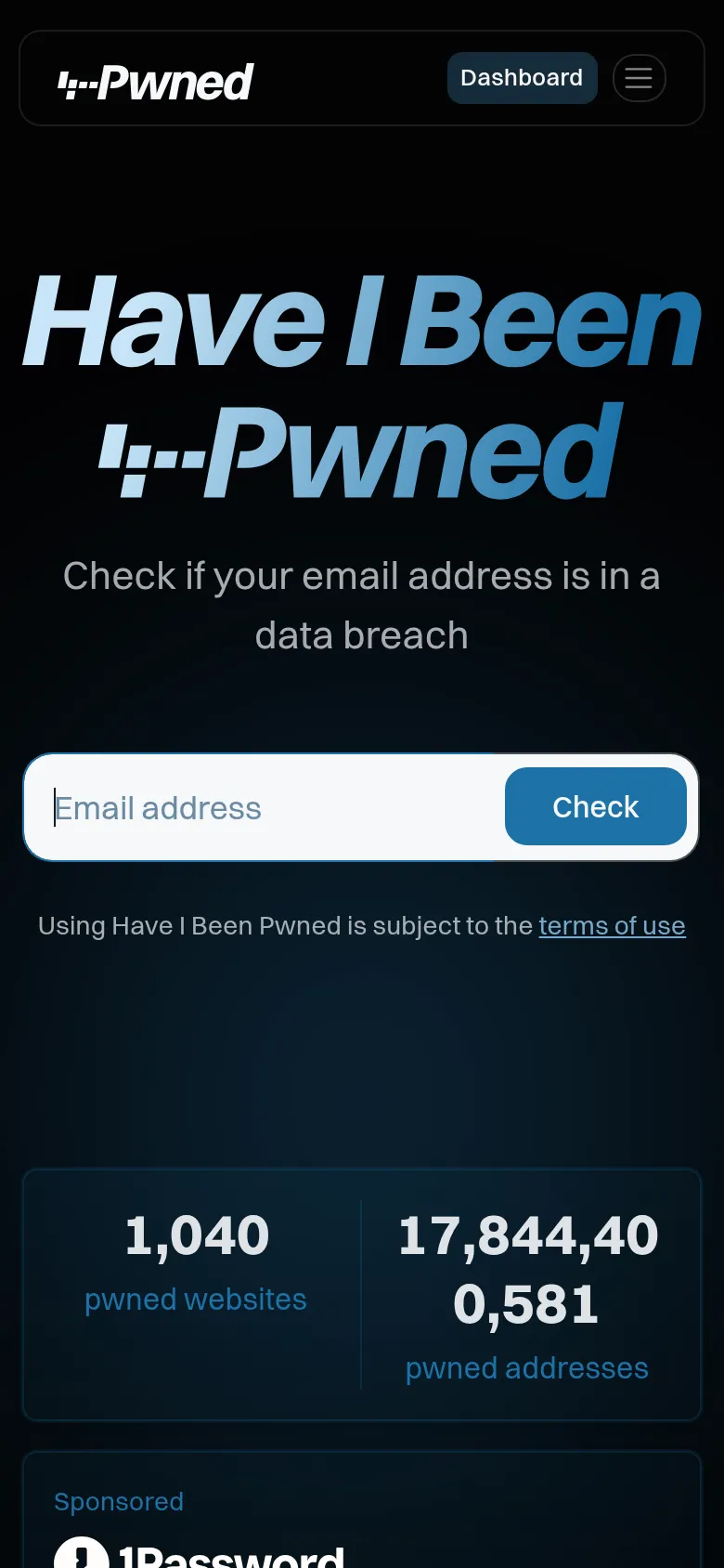 Have I Been Pwned 접속 화면 — 유출된 웹사이트 1,040곳, 170억 건이 넘는 계정 기록을 다룬다