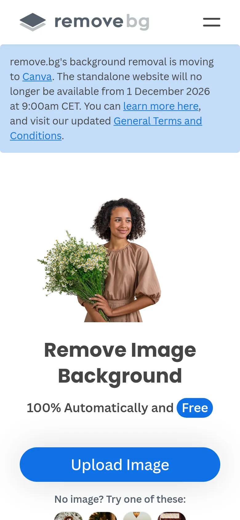 Remove.bg 접속 화면 — 상단에 Canva 통합 공지가 표시되어 있다