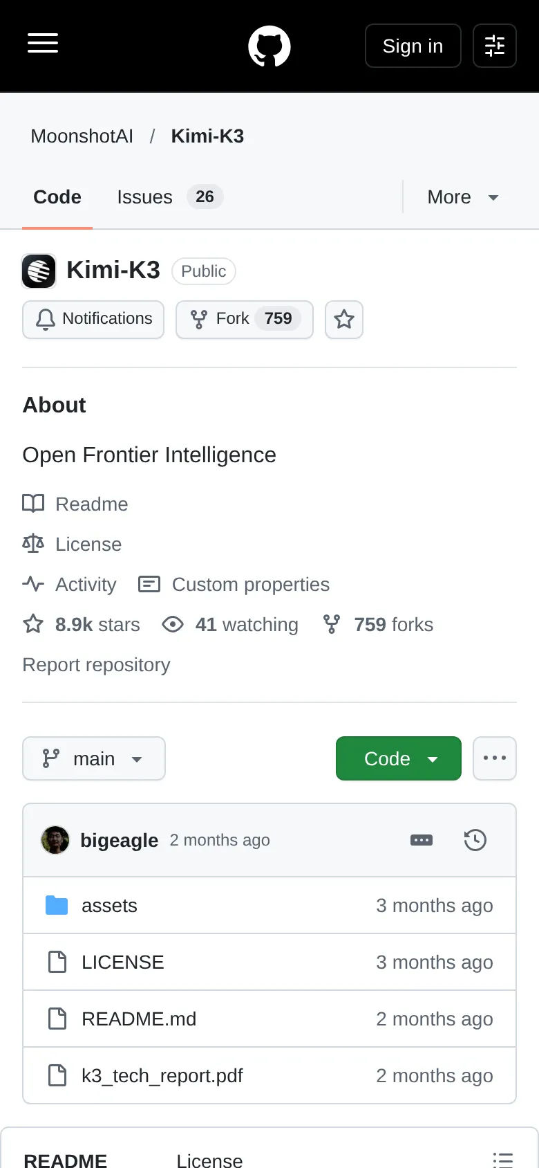 MoonshotAI/Kimi-K3 리포 — ’Open Frontier Intelligence’라는 소개와 k3_tech_report.pdf 파일이 보인다