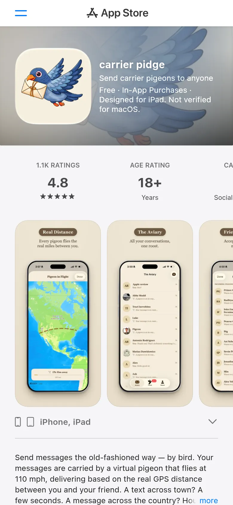 App Store의 carrier pidge 페이지 — 평점 4.8(1.1K), iPhone·iPad 지원과 앱 스크린샷이 보인다