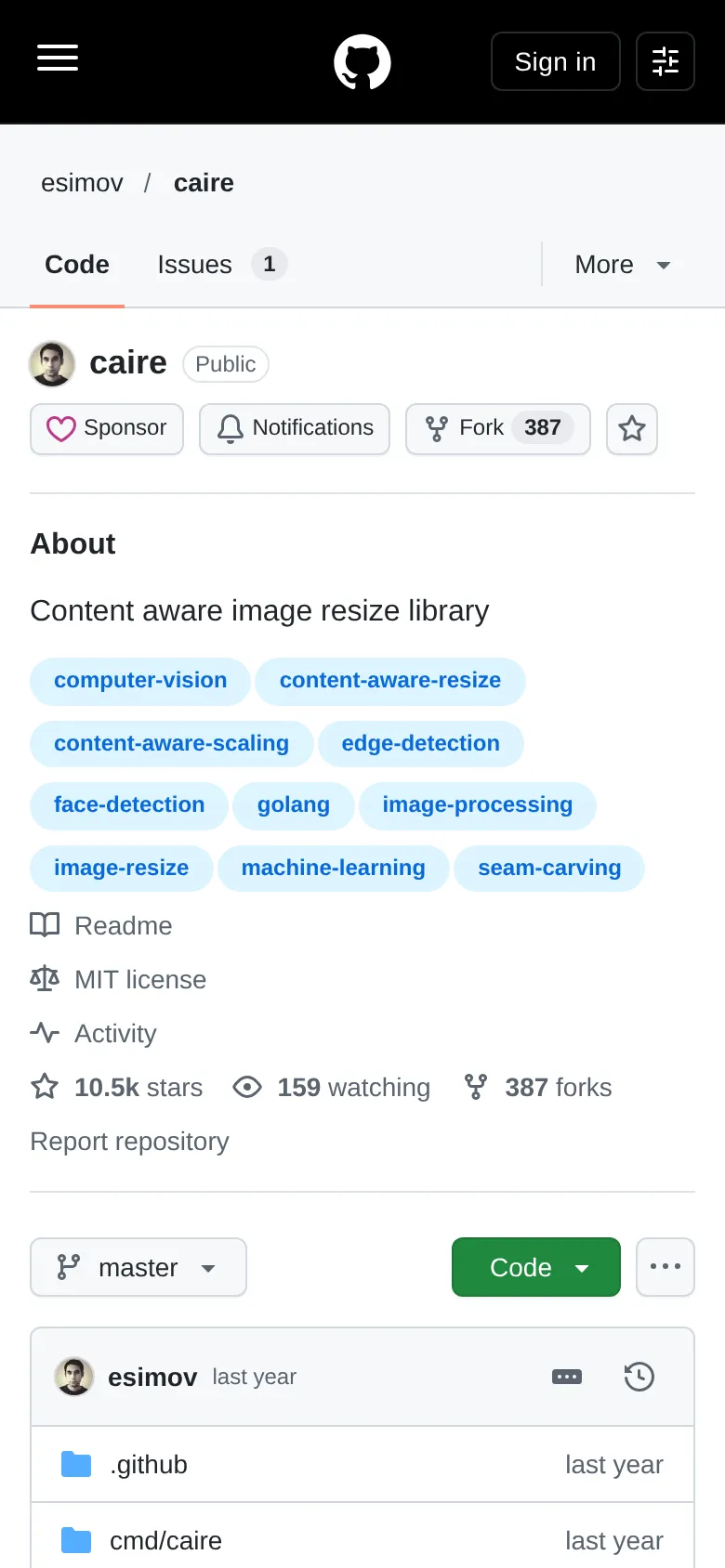 caire의 GitHub 리포 — 콘텐츠 인식 이미지 리사이즈 라이브러리