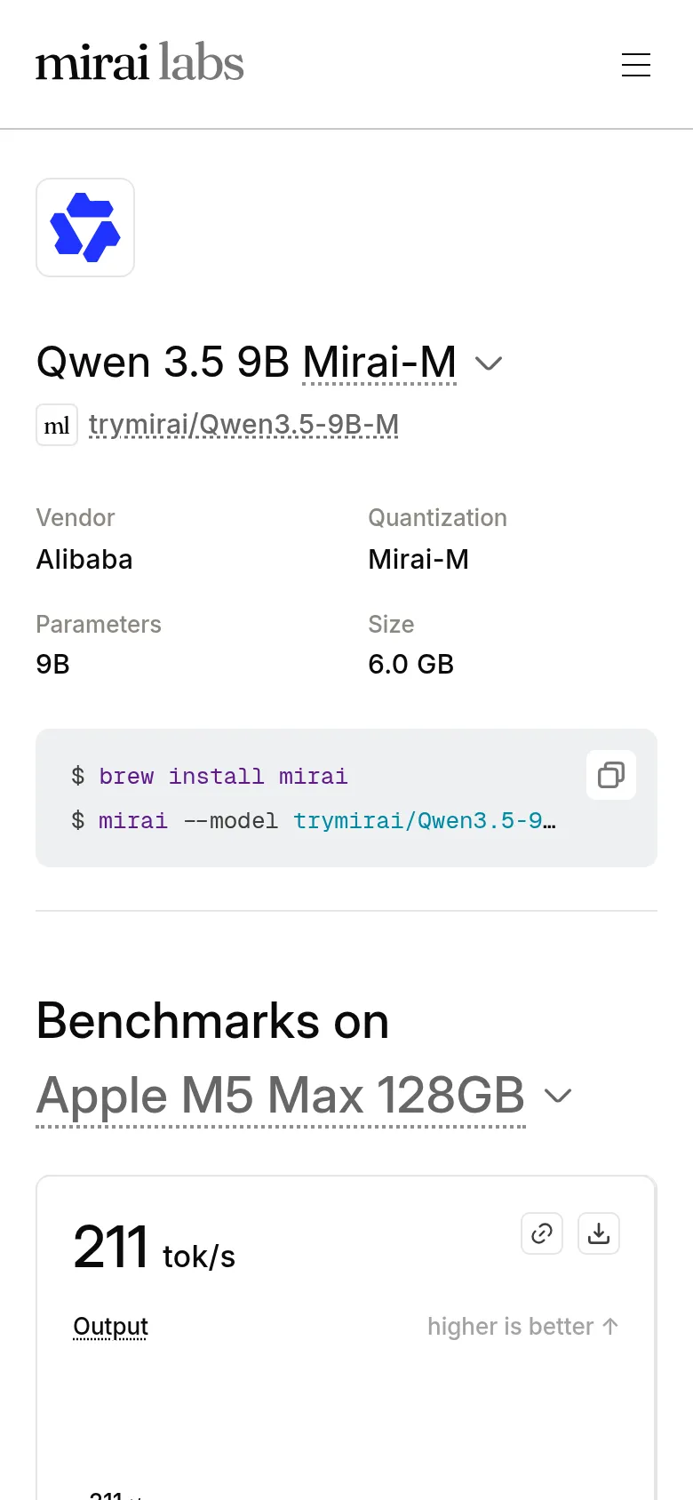 Uzu의 Qwen 3.5 9B Mirai-M 체크포인트 모델 페이지. 6.0GB 크기, brew 설치 명령과 Apple M5 Max 128GB에서의 211 토큰/초 출력 속도 배지를 보여준다.